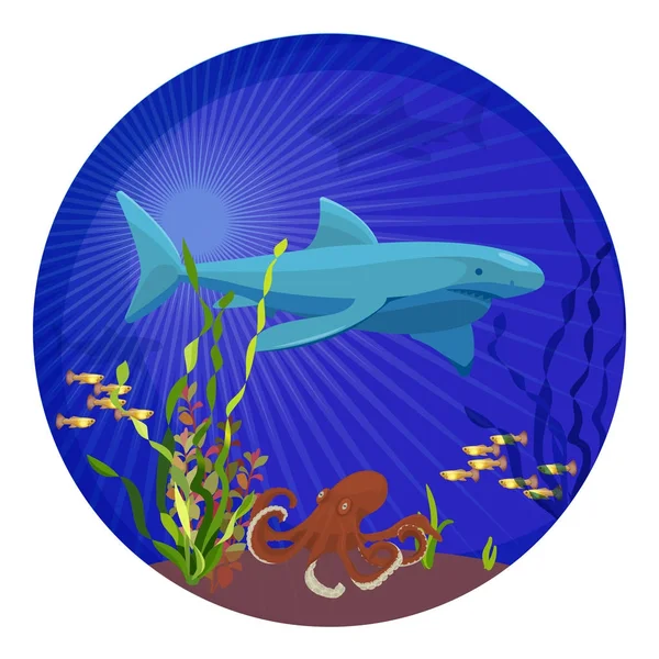 Tiefseebewohner, großer Hai, kleine Fische und Tintenfische — Stockvektor