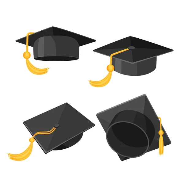 Set of mortarboard caps with golden tassels from different sides — Stock Vector