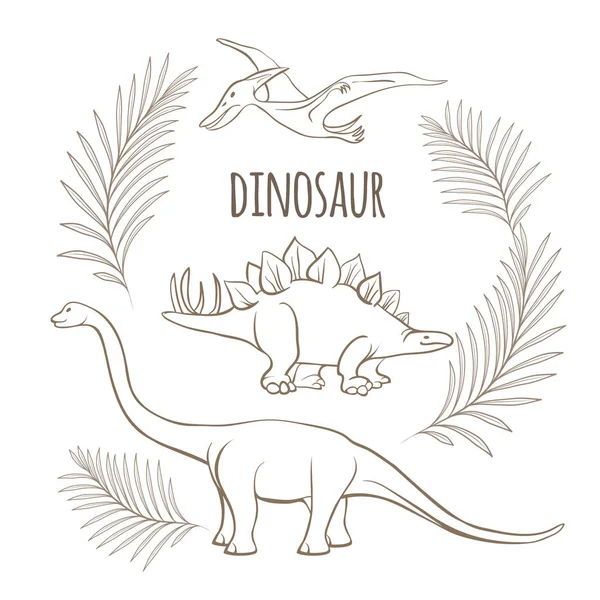Starověké dinosaurů a palm větve monochromatický obrys skici — Stockový vektor