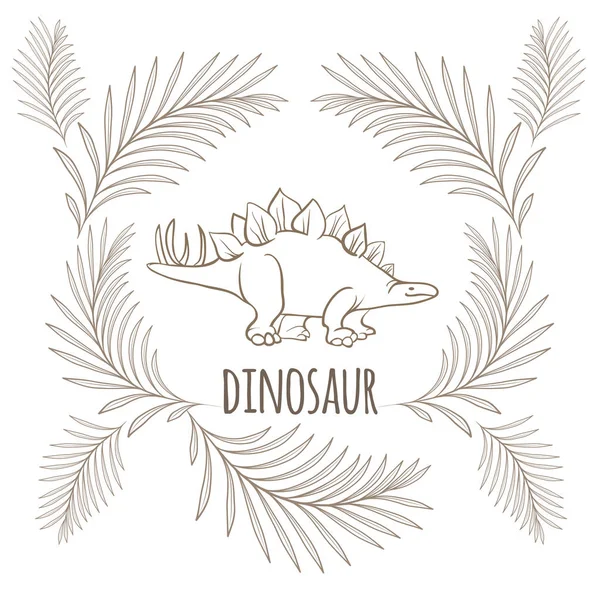 Dinossauro com espinhos afiados nas costas e ramos de palma ao redor —  Vetores de Stock