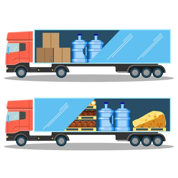 Gran camión de reparto con botellas de agua, cajas de cartón y alimentos — Vector de stock