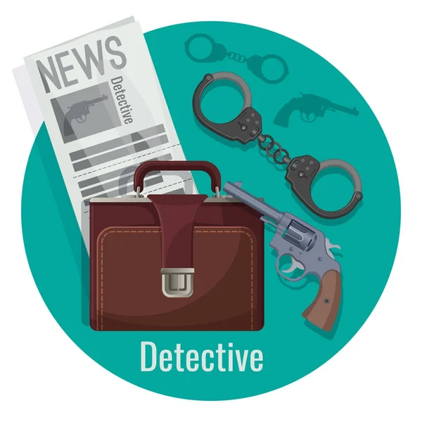 Accesorios de oficial detective establecidos dentro del círculo azul aislado — Vector de stock