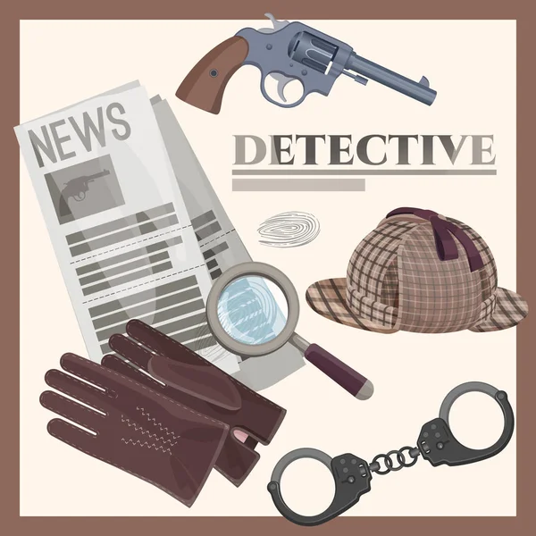 Retro Dedektif aksesuarları posterinde ayarla çizimler karikatür — Stok Vektör
