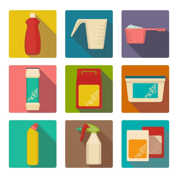 Colher de detergente em recipientes de plástico conjunto ilustrações isoladas — Vetor de Stock