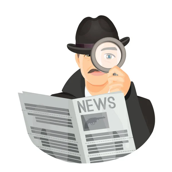 Inspecteur en chapeau avec moustaches tient journal et loupe — Image vectorielle