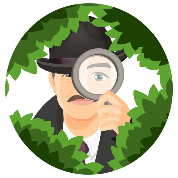 Detective con bigotes se esconde en arbustos gruesos con lupa — Vector de stock