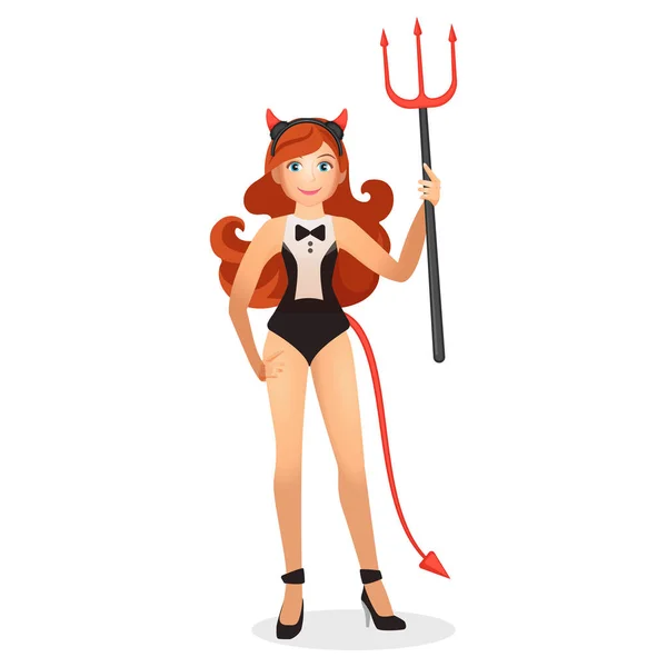 Κοκκινομάλλης γυναίκα διάβολος κοστούμι με μεγάλο τρίαινα — Διανυσματικό Αρχείο