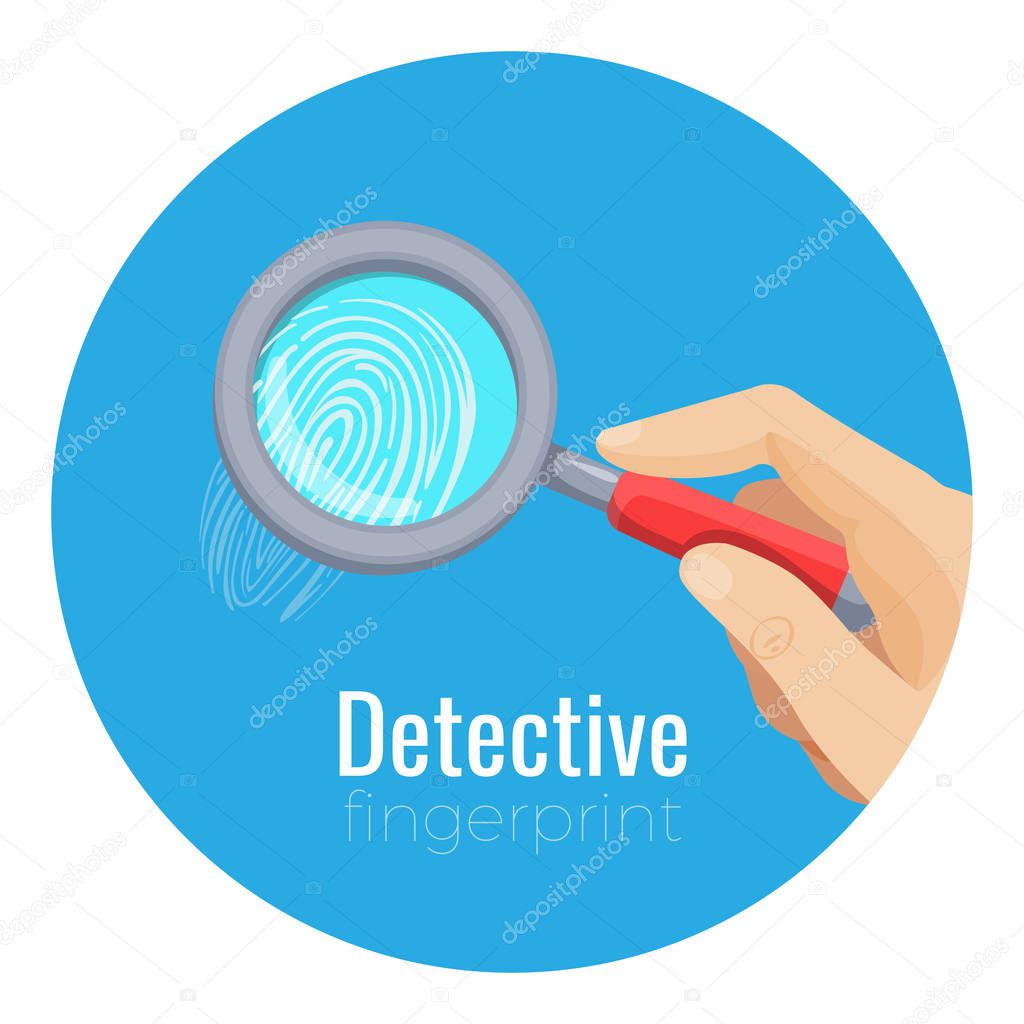 Fingerprint under compact magnifying glass with red glass in human glass inside blue circle isolated cartoon vector illustration on white background.