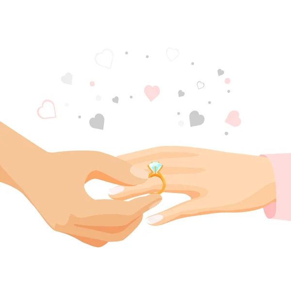 Мужская рука надевает бриллиантовое кольцо на женский палец — стоковый вектор