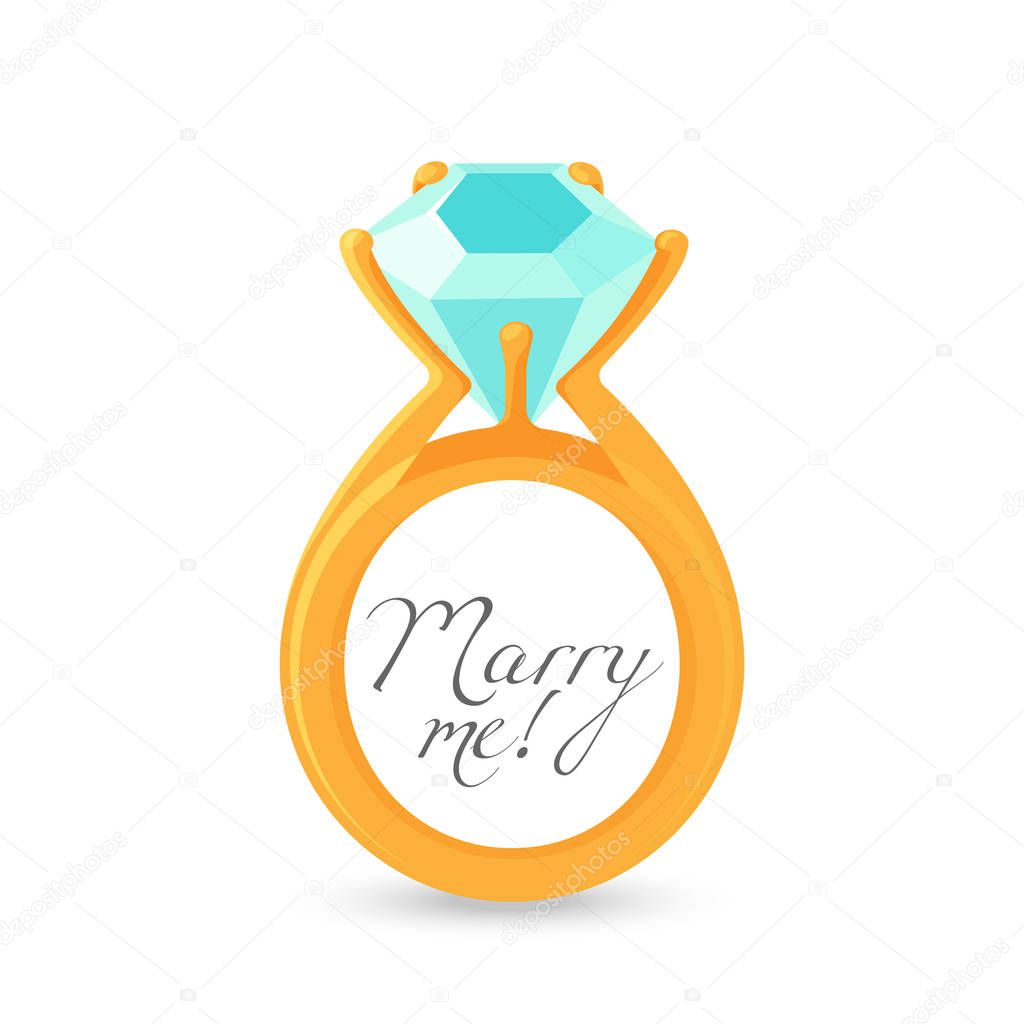 Marry me sign and gold engagement ring with diamond