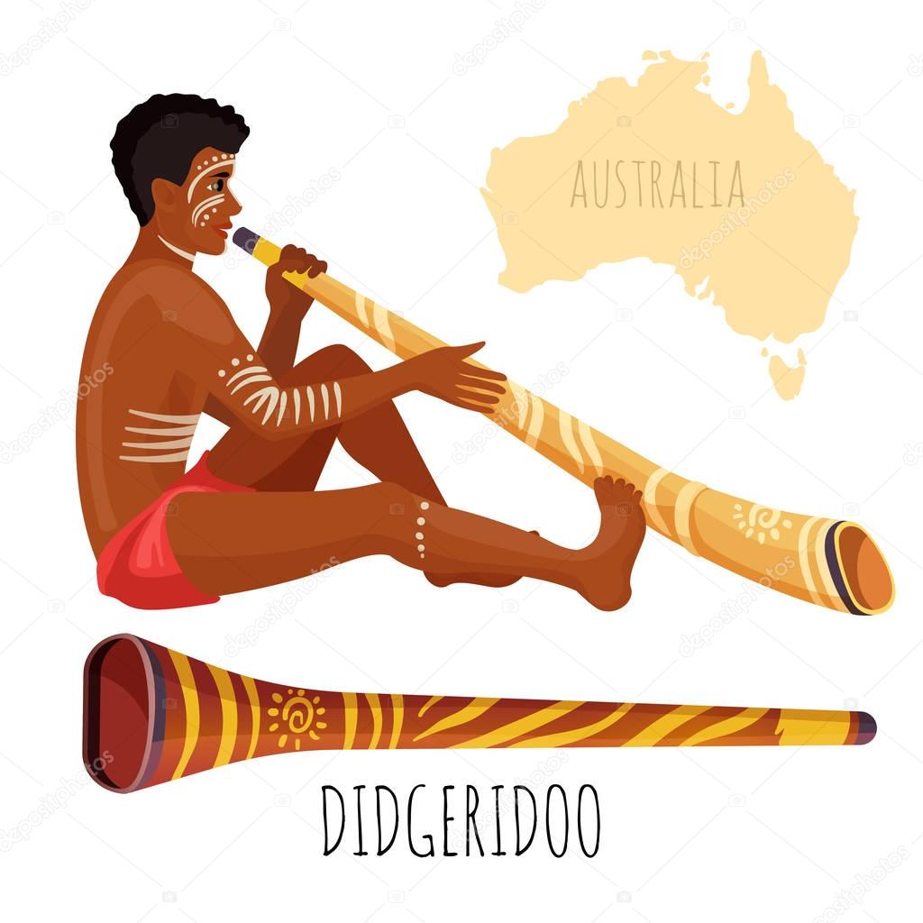 Swarthy man with white paint on face plays didgeridoo