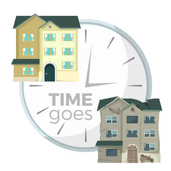 Proceso de demolición de casas ilustración simbólica con relojes — Vector de stock