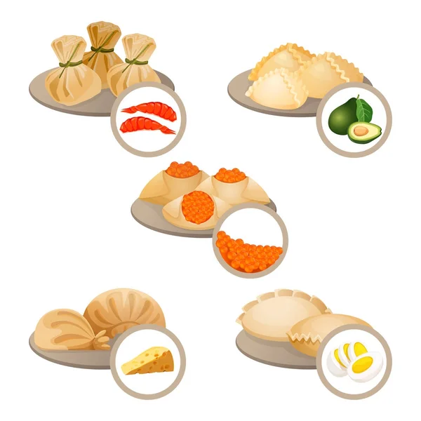 Gâteries dim-sum en assiettes ensemble de pâte enveloppée avec des crevettes , — Image vectorielle