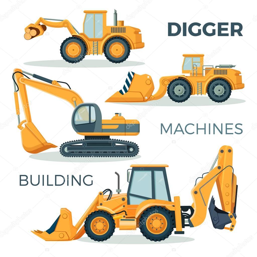 Digger and machines for building isolated cartoon illustration