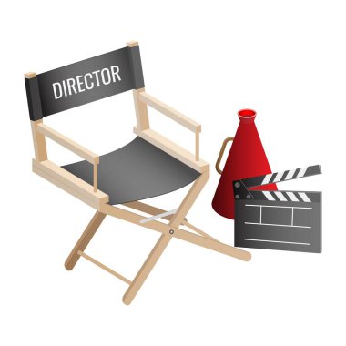Yönetmen boş sandalye, sinema clapper ve hoparlör film yapımcısı öznitelikleri