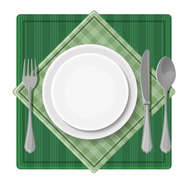 Se sirve plato de la cena con cuchara de cubiertos tenedor y cuchillo en verde — Vector de stock