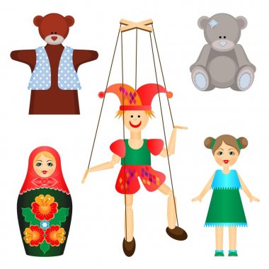 Yumuşak oyuncak ve bebek ahşap ve plastik kümesinin
