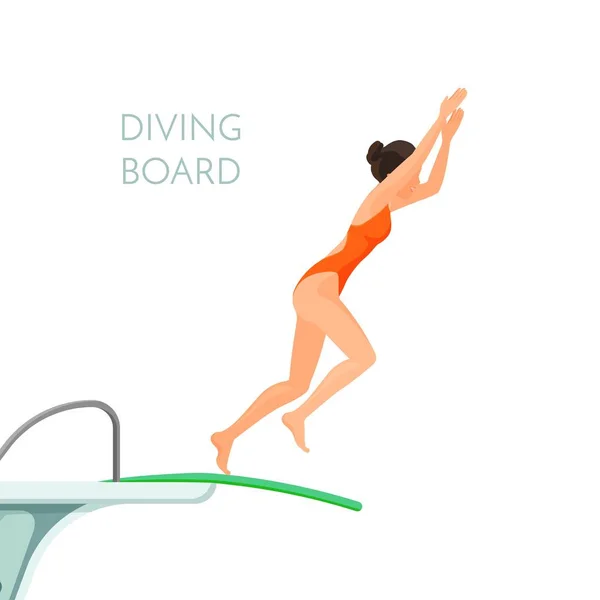 Planche de plongée et fille en maillot de bain rouge saute de celui-ci — Image vectorielle