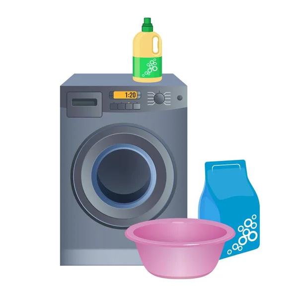 Het doen van Wasserij poster met wasmachine, schoonmaak poeder in pakket — Stockvector