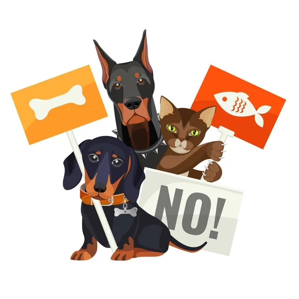 Никаких издевательств над животными, протестов против кошек и собак с досками — стоковый вектор