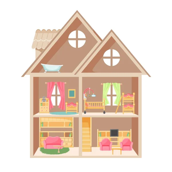 Casa delle bambole con due piani e piccoli mobili — Vettoriale Stock