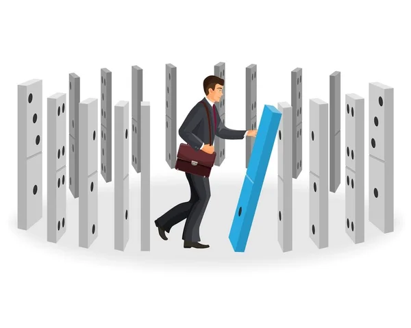 Domino-effect visualisatie met zakenman in klassieke pak — Stockvector