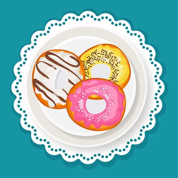 Deliciosos donuts doces em esmalte na placa com borda ondulada —  Vetores de Stock