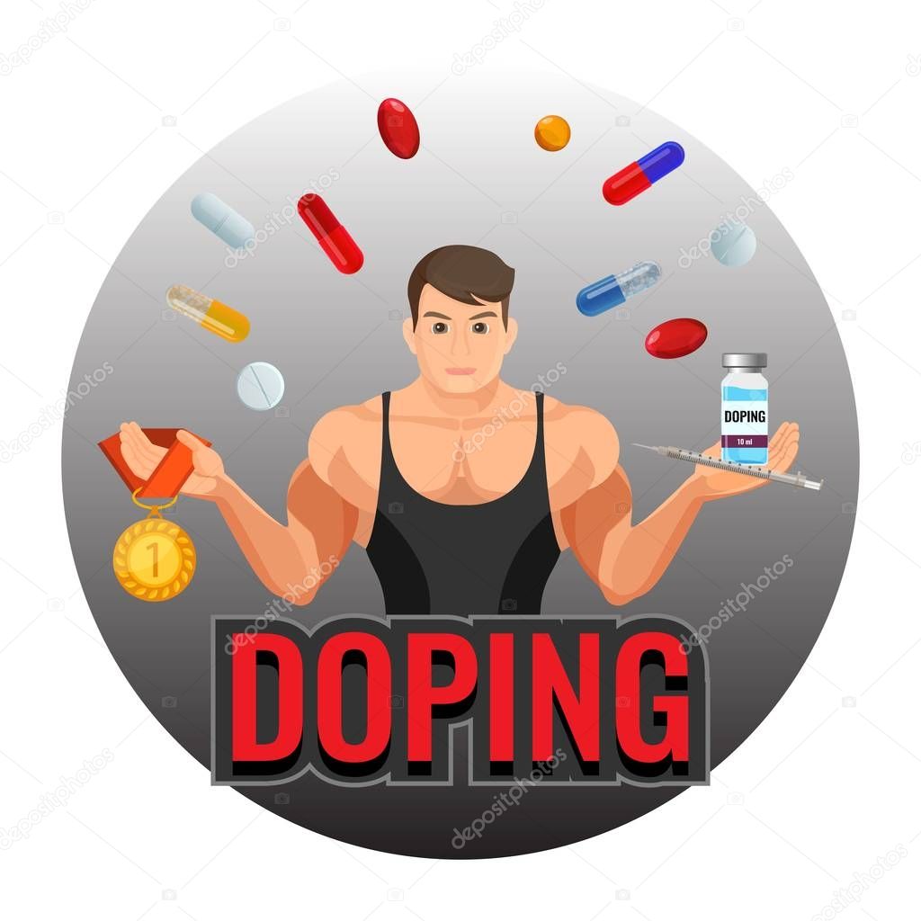 Doping drugs and fit sportsman with gold medal inside circle emblem. Colorful pills and liquids around strong man isolated cartoon flat vector illustration.