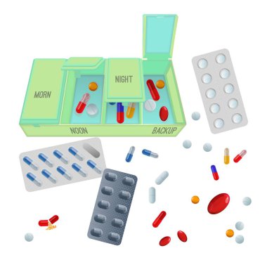 Medicaments and box with dosage for day set clipart