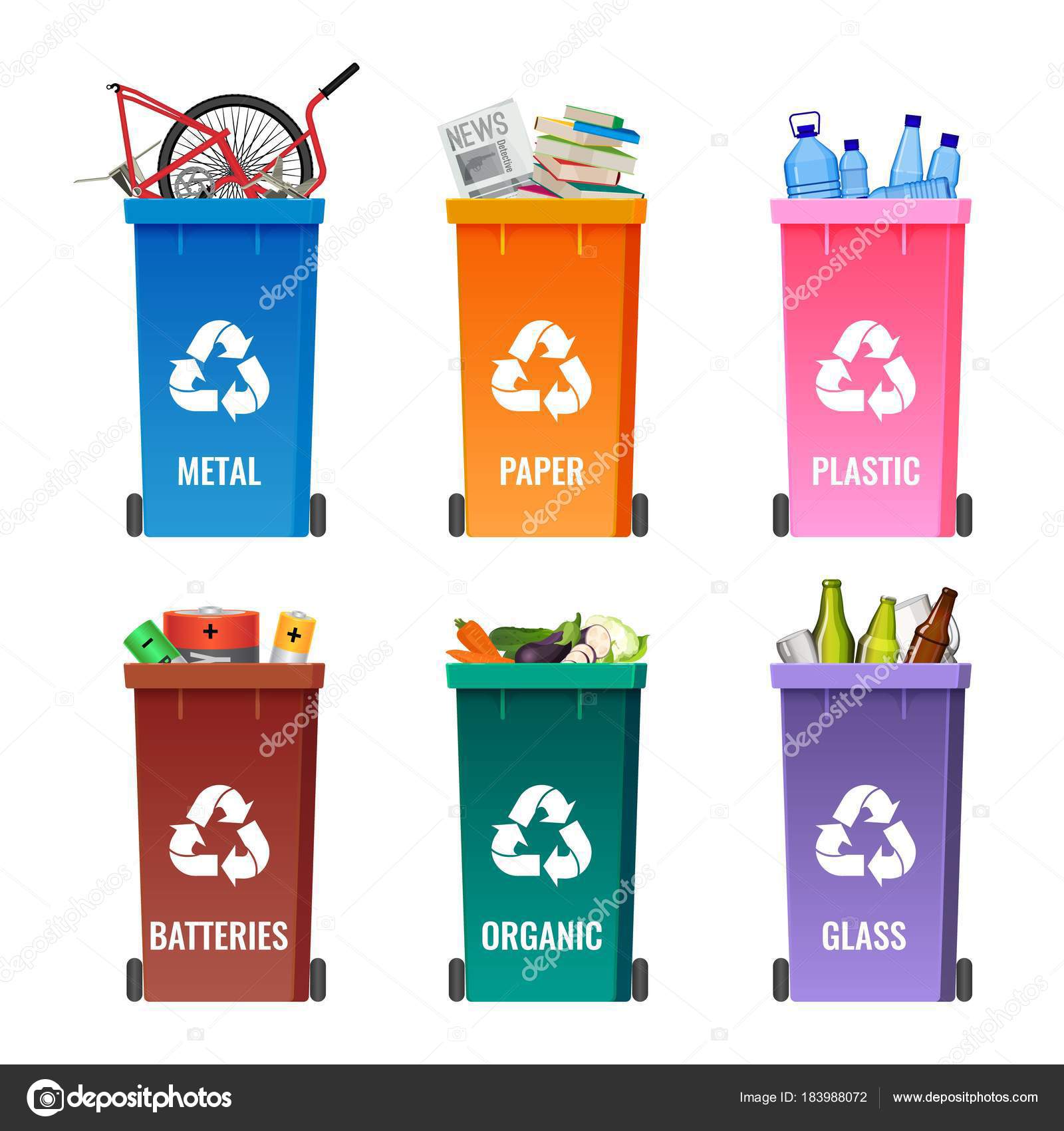 Container-Set zur Mülltrennung blau für Metall, orange Papier  Stock-Vektorgrafik von ©godruma 183988072