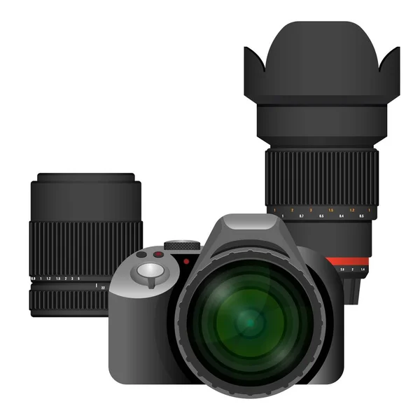 Câmera profissional moderna compacta com conjunto de lentes de reposição —  Vetores de Stock
