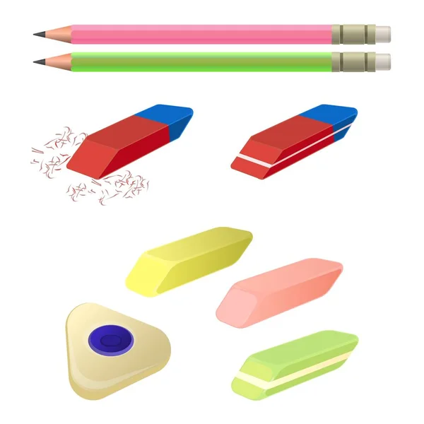 Conjunto de gomas de borrar de diferentes colores y formas, dos lápices — Archivo Imágenes Vectoriales