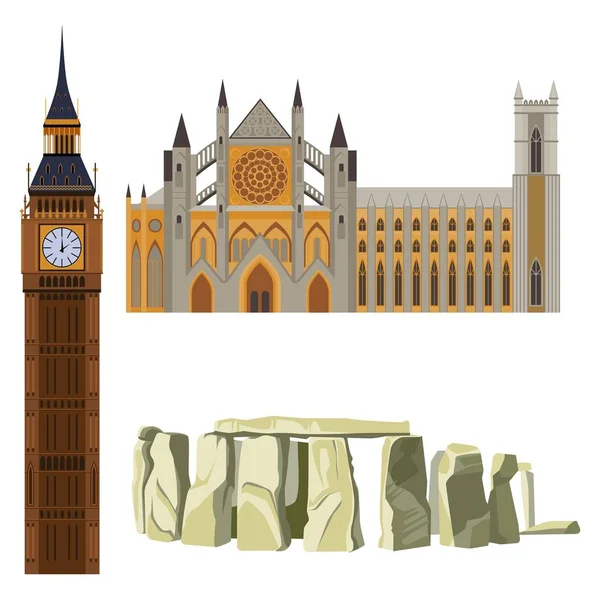 Passeios turísticos da Grã-Bretanha Westminster Abbey, Big Ben, Stonehenge — Vetor de Stock