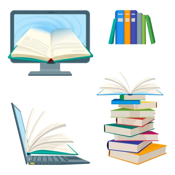 Online encyclopedie poster met computer en notebook, digitale studieboeken — Stockvector
