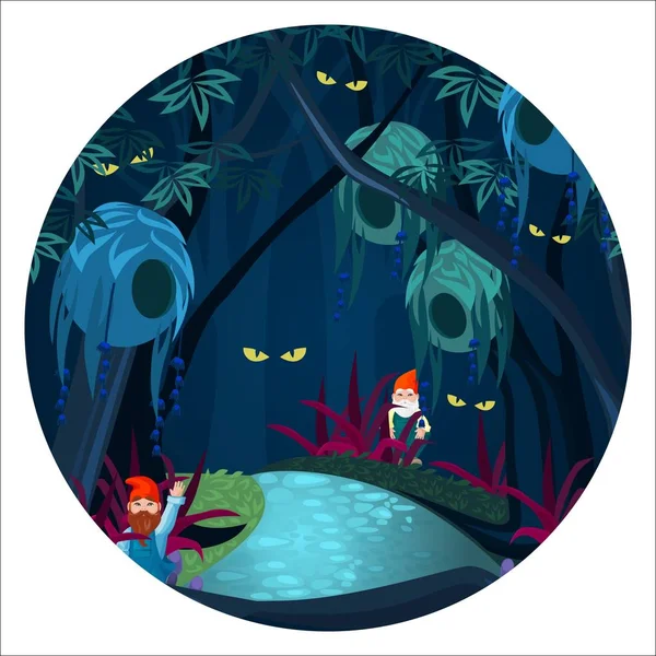 Bosque encantado con criaturas misteriosas, fantasmas y gnomos — Vector de stock