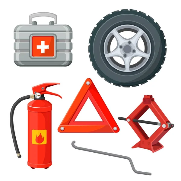 Notfall-Verbandskasten im Auto, Feuerlöscher, Notfallschild — Stockvektor