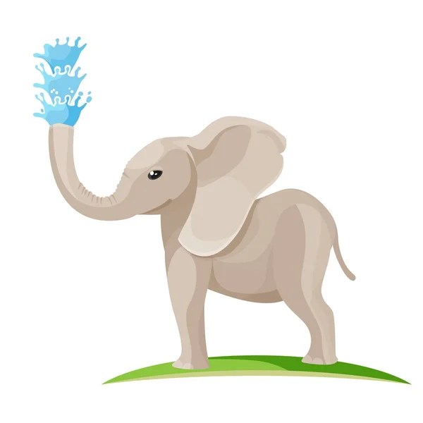 Elefante bebé joven sopla agua del tronco — Vector de stock