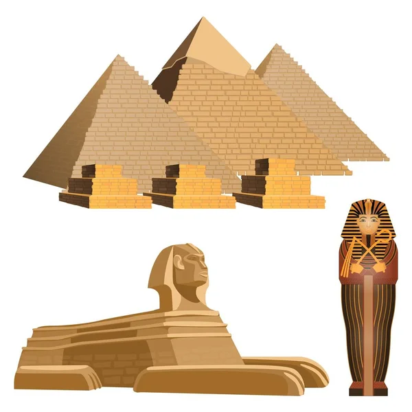 Pyramides égyptiennes, sphinx antique et sarcophage de pharaon — Image vectorielle