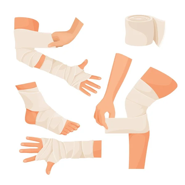 Elastic bandage on injured human body parts set — Stock Vector