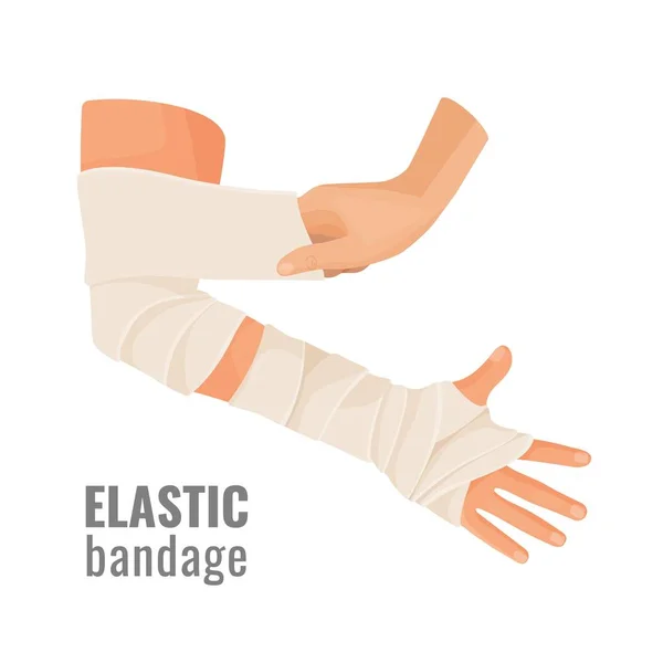 Elastiska medicinska bandage virad runt sårad mänsklig hand — Stock vektor