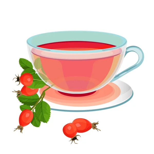 Чай з рожевими стегнами в прозорому склі і тарілці — стоковий вектор