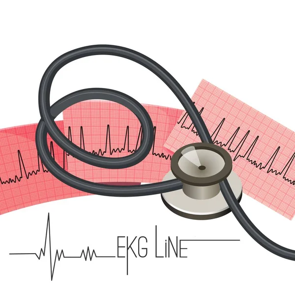 Ekg lijn op lang papier vel en medische stethoscoop — Stockvector