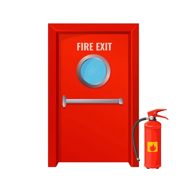 Saída de fogo vermelho com círculo redondo e extintor — Vetor de Stock