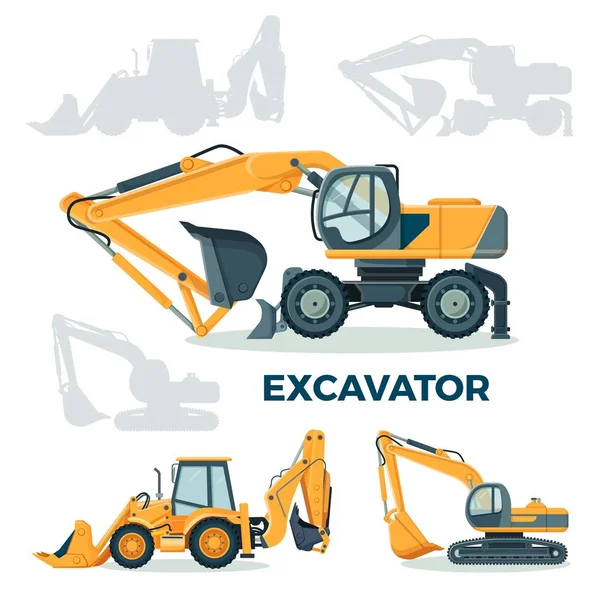 Modern powerful excavator for building and construction set — Stock Vector