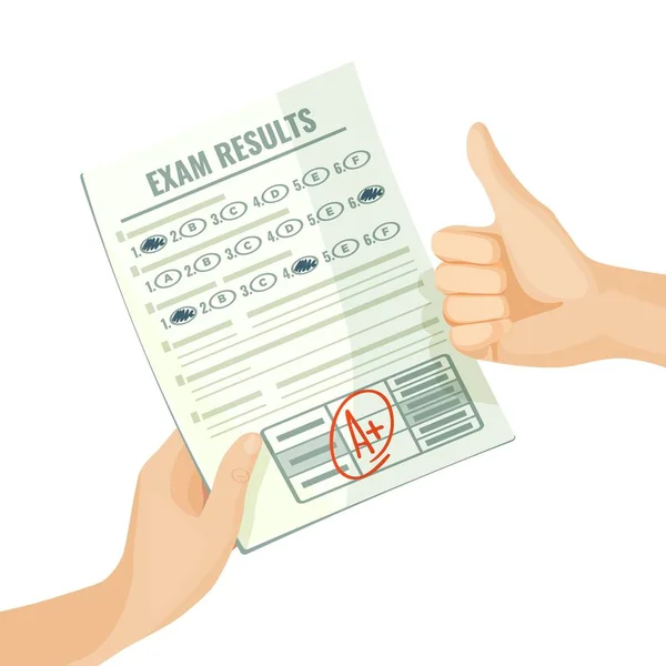 Wyniki egzaminu doskonałe na papier w rękach ludzi — Wektor stockowy