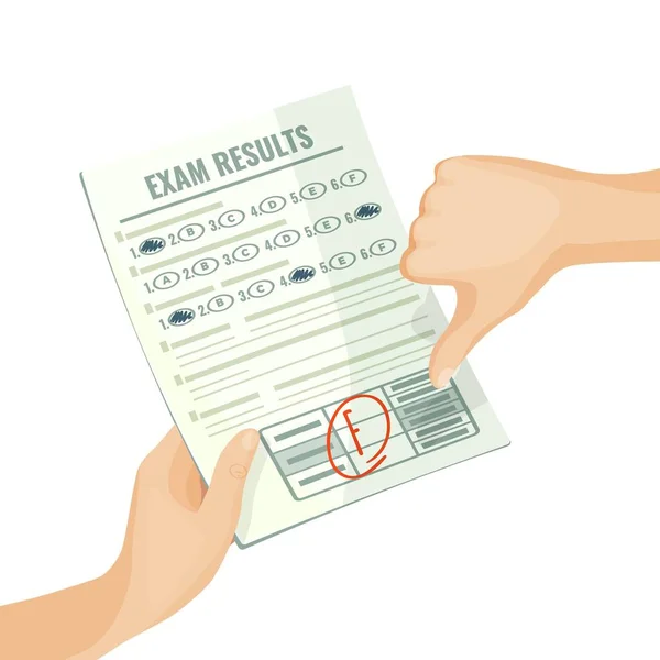 Resultados insatisfactorios del examen en papel en manos humanas — Vector de stock