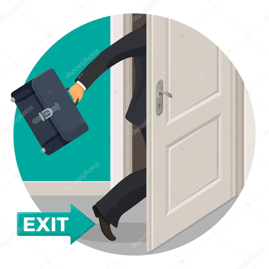 Exit door and bisunessman with leather briefcase that leaves