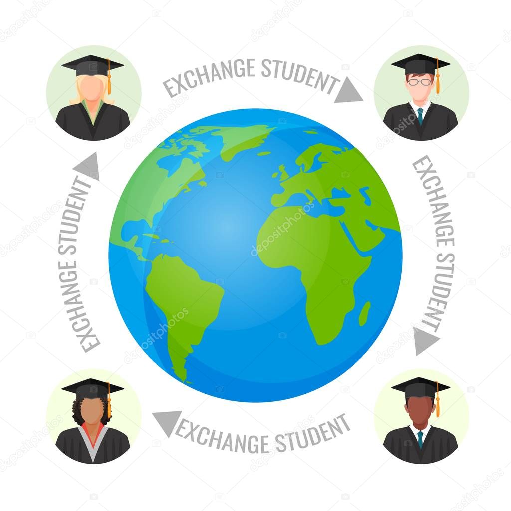 Exchange student program promo banner with Earth planet