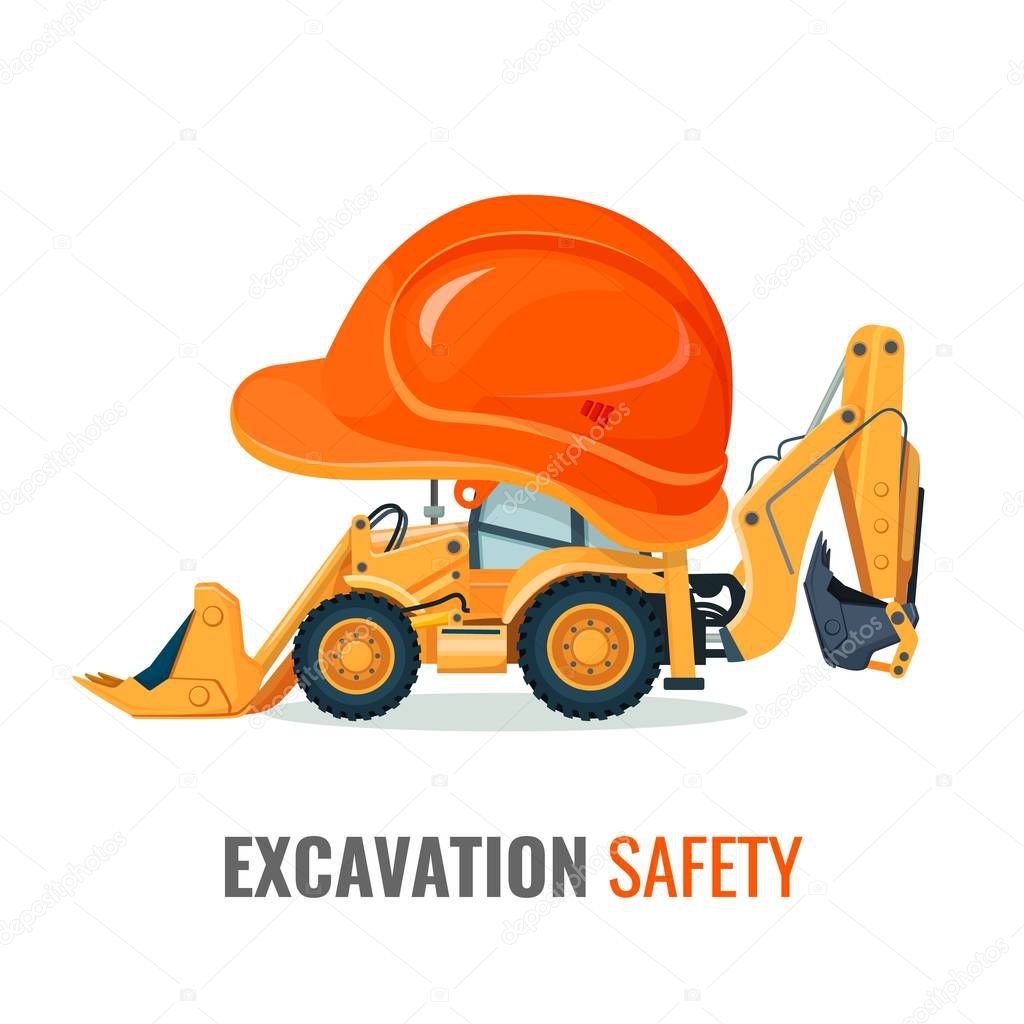 Excavation safety promo poster with excavator in helmet