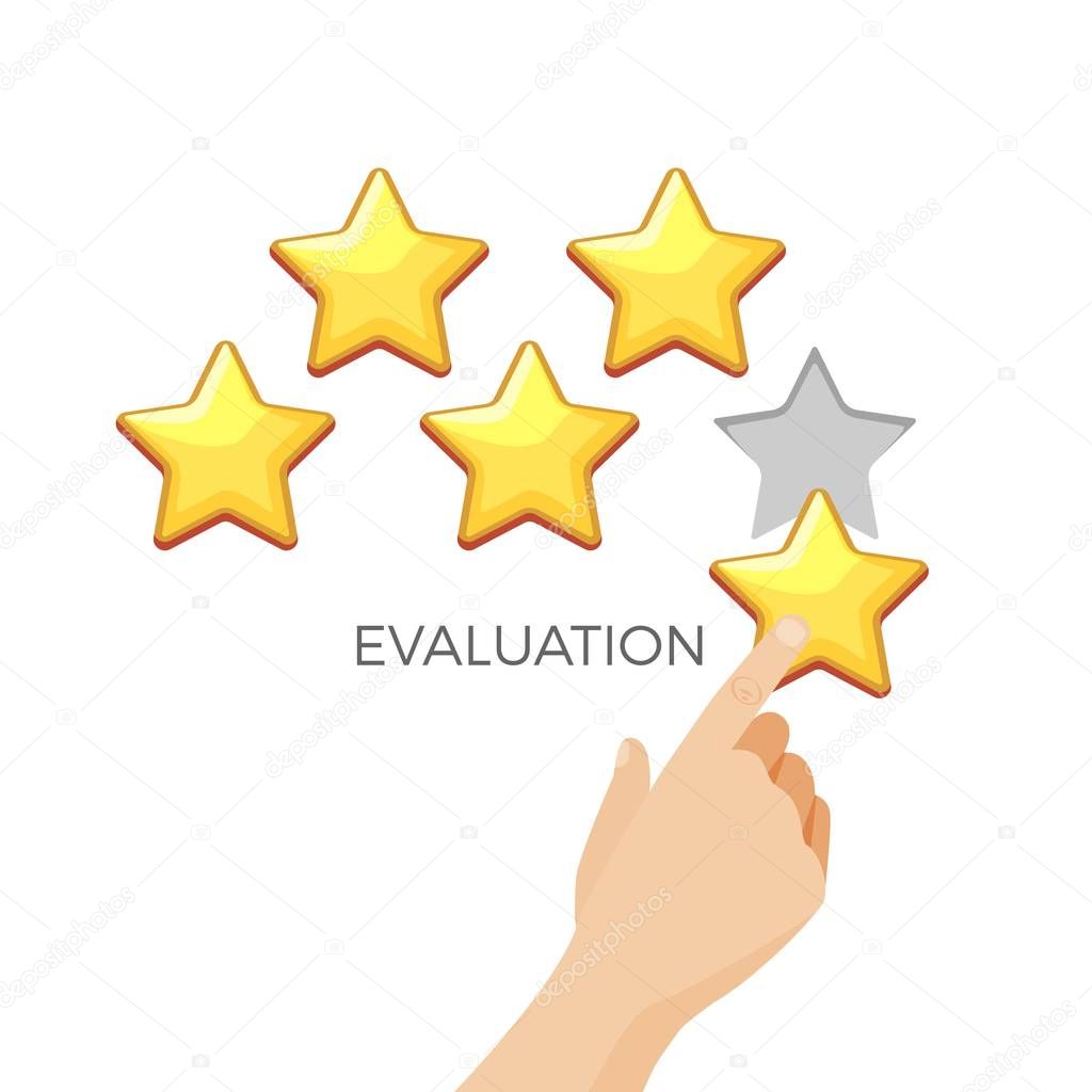 Evaluation in gold shiny star promo poster with human hand